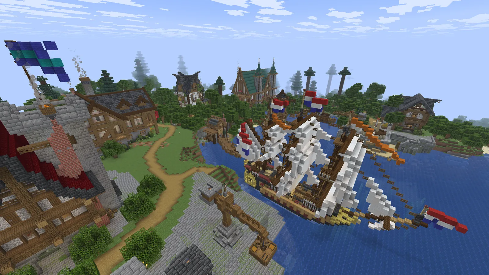 Harbour front with moored sailing ships, docks and stone buildings