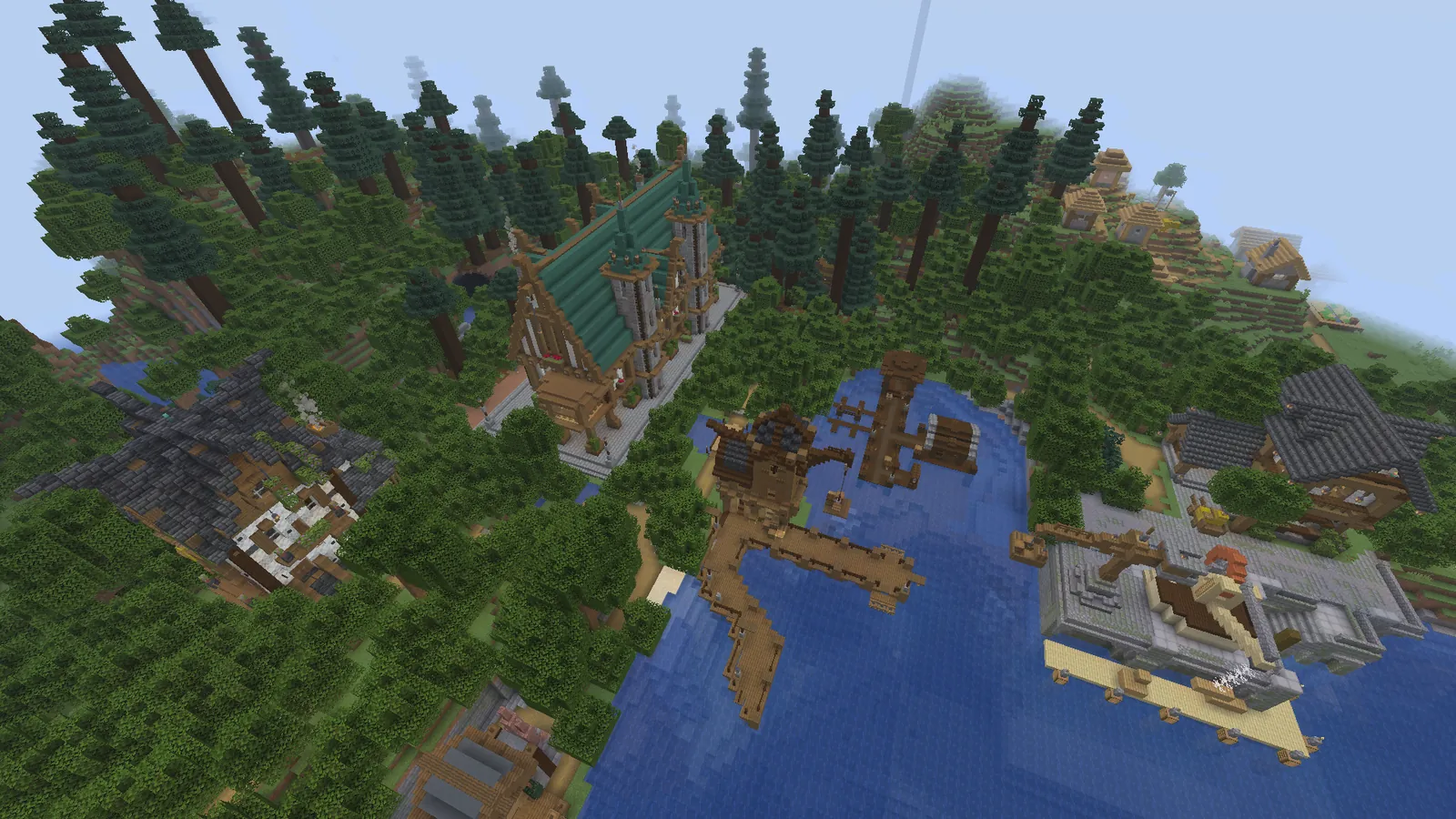 Aerial view of the harbour region surrounded by spruce forest